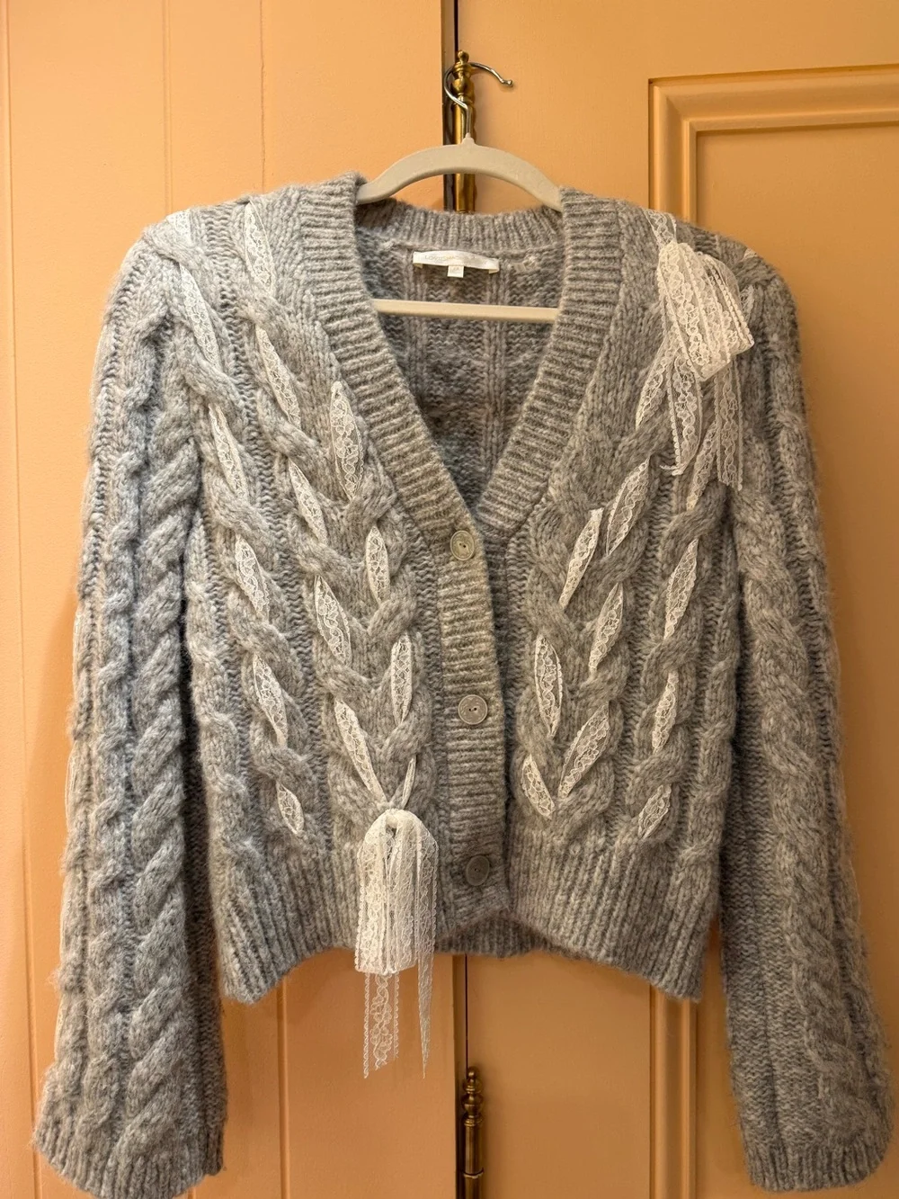 Loveshack Fancy Grey Cable Knit Cardigan Sweater with Lace Trim - Women - Picture 1 of 3